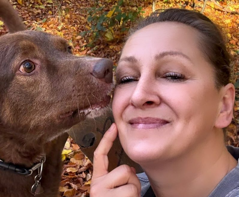 Brauner Hund mit geschlossenen Augen vor bunten Fähnchen und Menschen am Wasser.